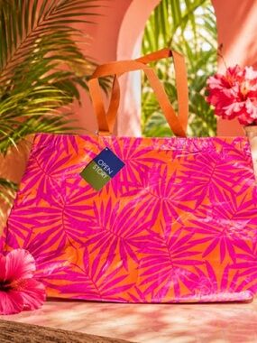 Tropical Leaf Print Tote Bag — Orange & Pink